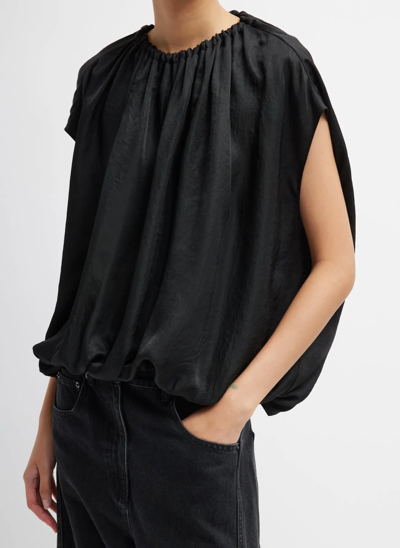 Clearance Light Weight Acetate Shirred Neck Circular Top Tops