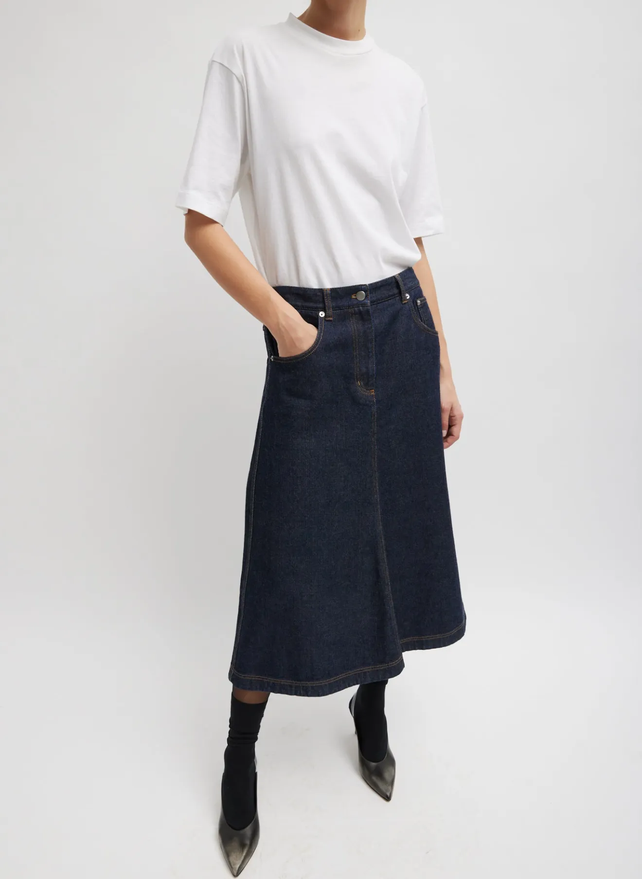 Hot Indigo Denim Midi A-Line Skirt Denim | Skirts